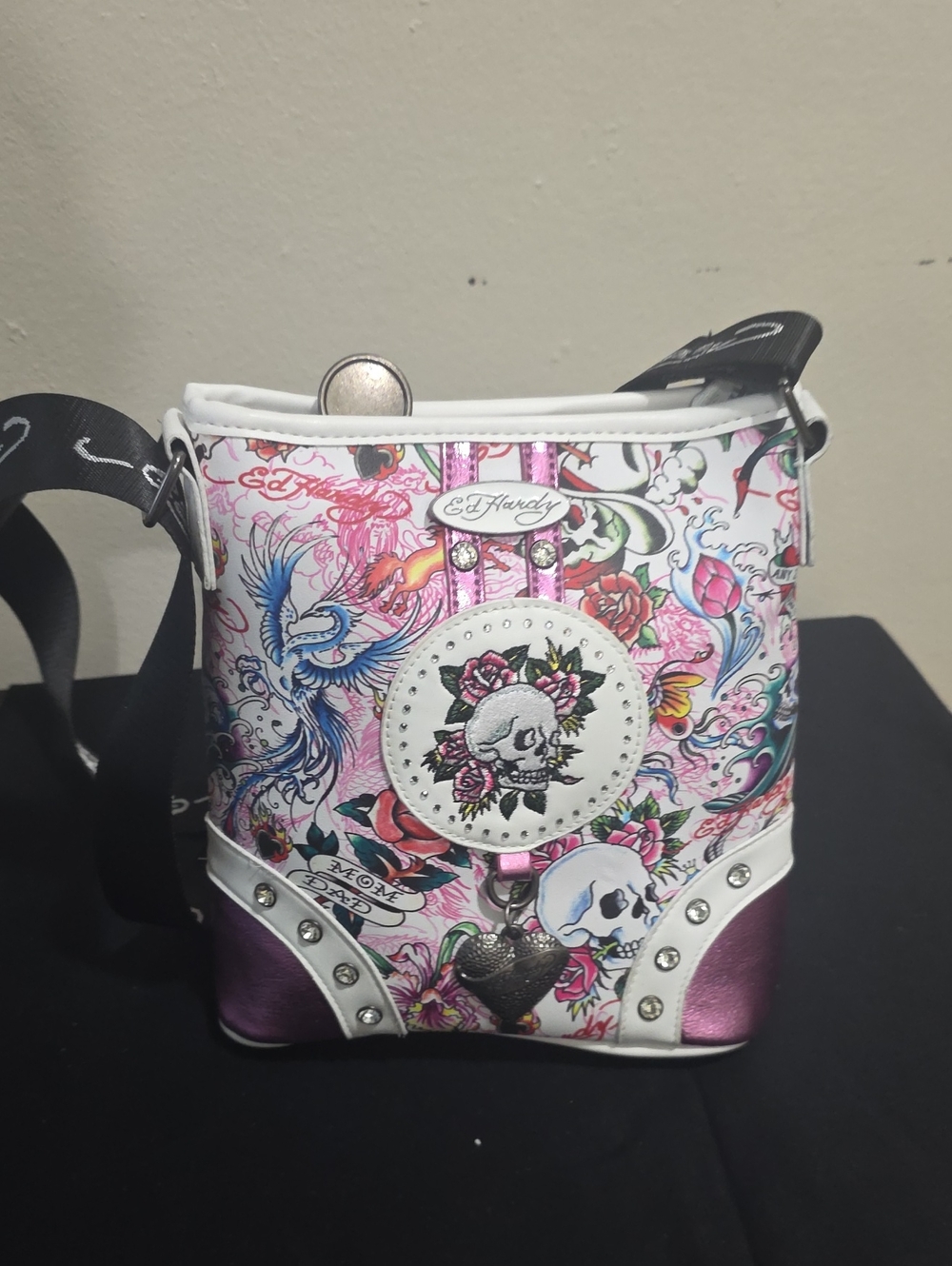 Ed Hardy White & Metallic Pink Tattoo Skull Crossbody Bag